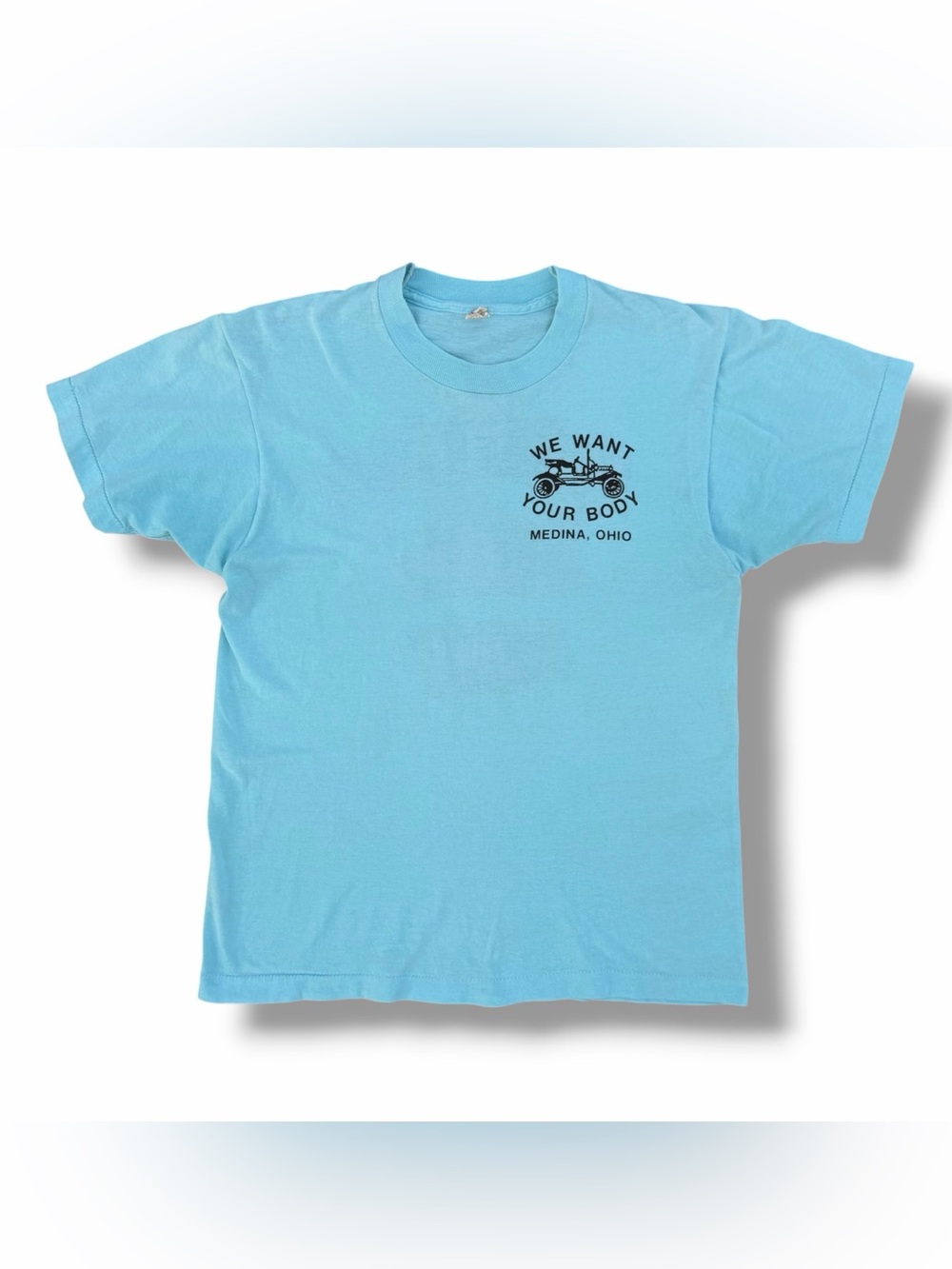 Vintage 80s Screen Stars Medina Body Shop Car T-Shirt Blue Size Medium USA